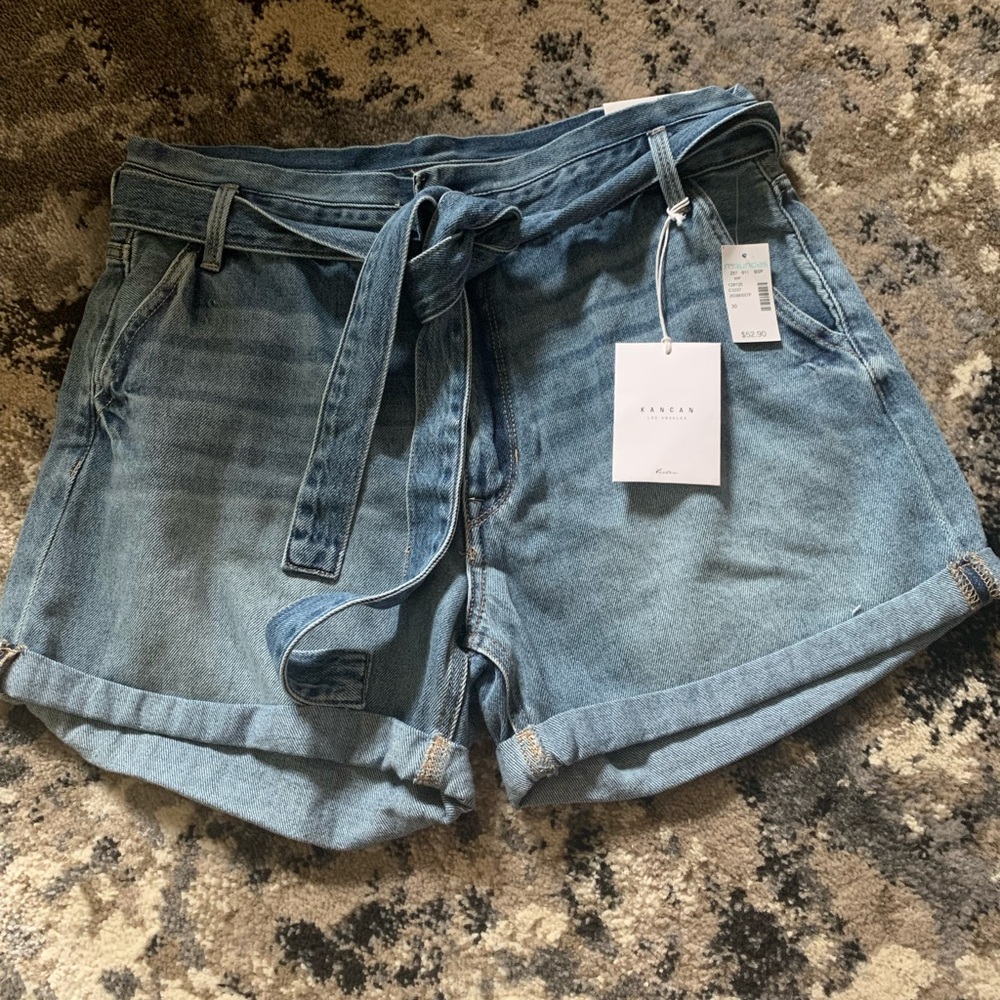 KanCan Light Blue Denim Paperbag Waist Tie-Front Shorts